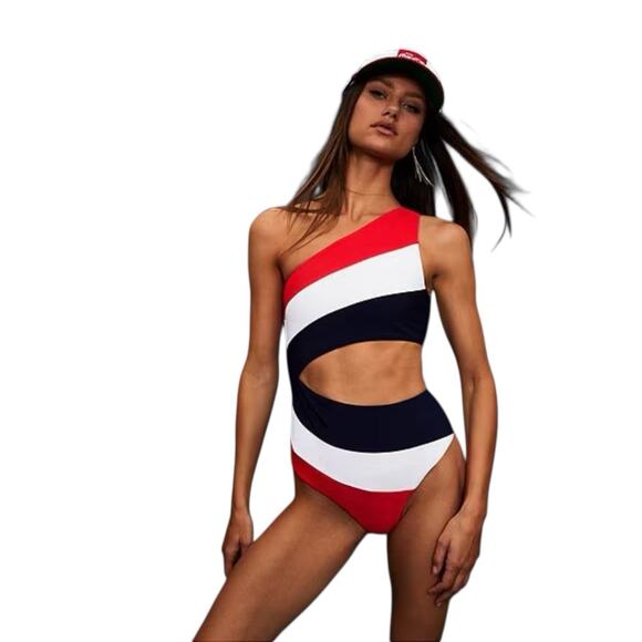 BEACH RIOT Joyce One Piece Red Colorblock One Shoulder Swimsuit XS Americana - Picture 8 of 8